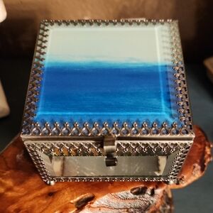 Blue Beveled Glass Jewelry Trinket Box EUC